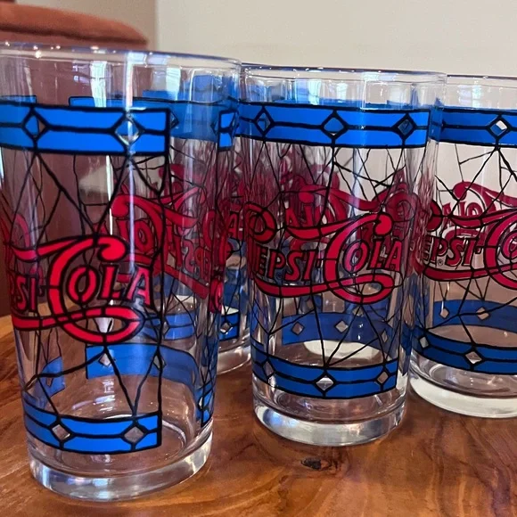 Vintage 1970s Pepsi-Cola Tiffany Stained Glass Inspired Glassware Set of 6 - Picture 7 of 9